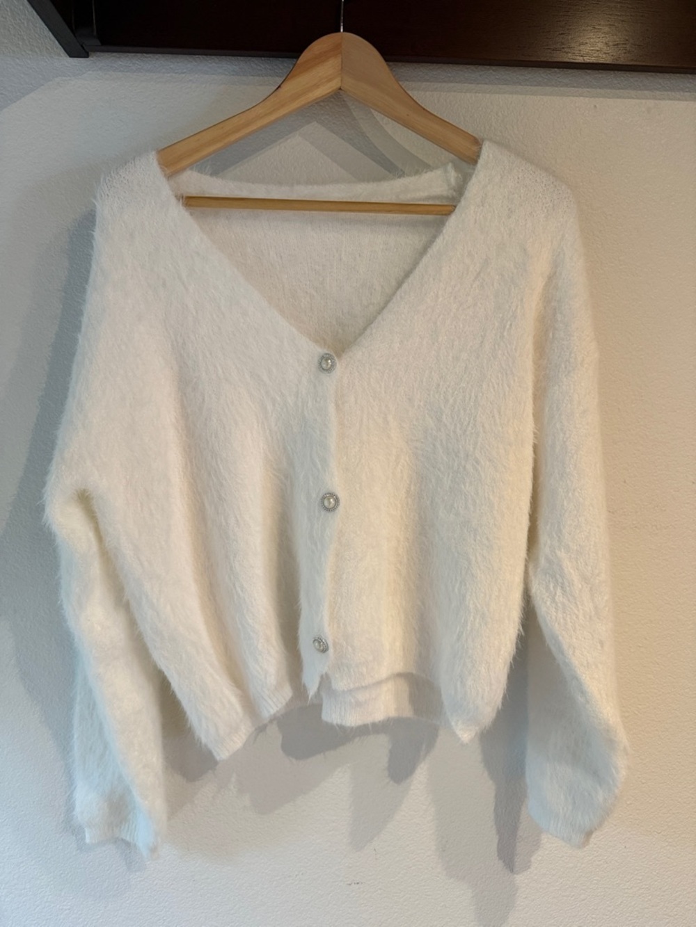 Soft V-Neck White Fuzzy Pearl Diamond Button-Front Sweater, Cropped, Size XL